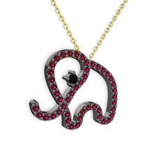 Taşlı Fil Kolye - Rodolit garnet ve siyah zirkon 925 ayar siyah rodyum kaplama gümüş kolye (40 cm altın rolo zincir) #t27ups