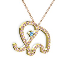 Taşlı Fil Kolye - Pembe kuvars ve akuamarin 8 ayar altın kolye (40 cm rose altın rolo zincir) #t31bs1