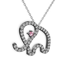 Taşlı Fil Kolye - Pırlanta ve pembe kuvars 925 ayar siyah rodyum kaplama gümüş kolye (0.036 karat, 40 cm gümüş rolo zincir) #tbdeg5