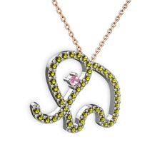 Peridot ve pembe kuvars 18 ayar beyaz altın kolye (40 cm rose altın rolo zincir)