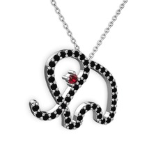 Taşlı Fil Kolye - Siyah zirkon ve garnet 8 ayar beyaz altın kolye (40 cm gümüş rolo zincir) #vy88to