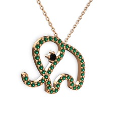 Taşlı Fil Kolye - Yeşil kuvars ve siyah zirkon 18 ayar rose altın kolye (40 cm gümüş rolo zincir) #w00gei