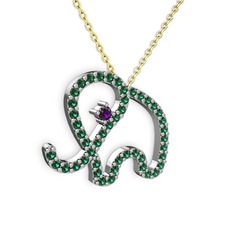 Taşlı Fil Kolye - Yeşil kuvars ve ametist 18 ayar beyaz altın kolye (40 cm gümüş rolo zincir) #w5a43v