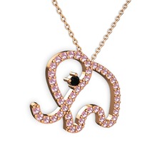 Taşlı Fil Kolye - Pembe kuvars ve siyah zirkon 14 ayar rose altın kolye (40 cm rose altın rolo zincir) #w7lb2