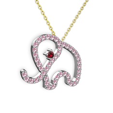 Taşlı Fil Kolye - Pembe kuvars ve garnet 18 ayar beyaz altın kolye (40 cm gümüş rolo zincir) #wmfgah