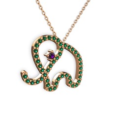 Taşlı Fil Kolye - Yeşil kuvars ve ametist 14 ayar rose altın kolye (40 cm rose altın rolo zincir) #x99ovo