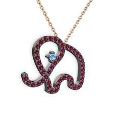 Taşlı Fil Kolye - Rodolit garnet ve akuamarin 925 ayar siyah rodyum kaplama gümüş kolye (40 cm rose altın rolo zincir) #y2bis3