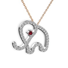 Taşlı Fil Kolye - Beyaz zirkon ve garnet 14 ayar beyaz altın kolye (40 cm rose altın rolo zincir) #yduym
