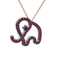 Taşlı Fil Kolye - Rodolit garnet ve ametist 925 ayar siyah rodyum kaplama gümüş kolye (40 cm rose altın rolo zincir) #z6kiv4