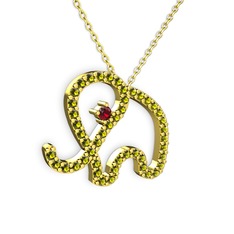 Taşlı Fil Kolye - Peridot ve garnet 8 ayar altın kolye (40 cm gümüş rolo zincir) #z6pepc