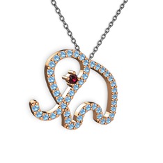 Akuamarin ve rodolit garnet 8 ayar rose altın kolye (40 cm gümüş rolo zincir)