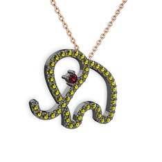 Taşlı Fil Kolye - Peridot ve rodolit garnet 925 ayar siyah rodyum kaplama gümüş kolye (40 cm rose altın rolo zincir) #zlcbvh