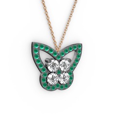 Kelebek Kolye - Kök zümrüt ve swarovski 925 ayar siyah rodyum kaplama gümüş kolye (40 cm rose altın rolo zincir) #10azj55