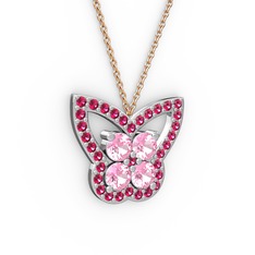 Kelebek Kolye - Rodolit garnet ve pembe kuvars 8 ayar beyaz altın kolye (40 cm rose altın rolo zincir) #10ly2w8