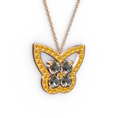 Kelebek Kolye - Sitrin ve dumanlı kuvars 18 ayar rose altın kolye (40 cm rose altın rolo zincir) #10u2779