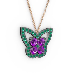 Kelebek Kolye - Kök zümrüt ve ametist 925 ayar siyah rodyum kaplama gümüş kolye (40 cm gümüş rolo zincir) #111k28j