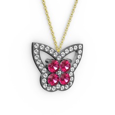 Kelebek Kolye - Swarovski ve rodolit garnet 925 ayar siyah rodyum kaplama gümüş kolye (40 cm altın rolo zincir) #114at1u