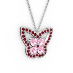 Garnet ve pembe kuvars 14 ayar beyaz altın kolye (40 cm beyaz altın rolo zincir)