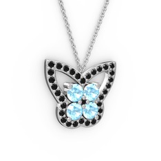 Kelebek Kolye - Siyah zirkon ve akuamarin 14 ayar beyaz altın kolye (40 cm gümüş rolo zincir) #11qzmx
