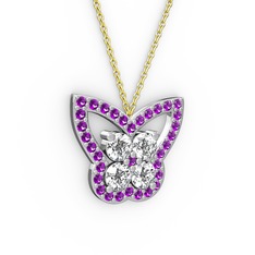 Kelebek Kolye - Ametist ve swarovski 8 ayar beyaz altın kolye (40 cm altın rolo zincir) #11ycbuz