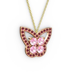 Kelebek Kolye - Kök yakut ve pembe kuvars 8 ayar rose altın kolye (40 cm gümüş rolo zincir) #126mk36