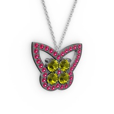 Kelebek Kolye - Rodolit garnet ve peridot 925 ayar siyah rodyum kaplama gümüş kolye (40 cm beyaz altın rolo zincir) #127v8v8