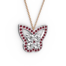 Kelebek Kolye - Kök yakut ve swarovski 18 ayar beyaz altın kolye (40 cm rose altın rolo zincir) #129pnx3