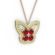 Kelebek Kolye - Pırlanta ve garnet 14 ayar altın kolye (0.48 karat, 40 cm rose altın rolo zincir) #12k7fsz