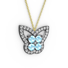 Kelebek Kolye - Beyaz zirkon ve akuamarin 925 ayar siyah rodyum kaplama gümüş kolye (40 cm altın rolo zincir) #12rd0av
