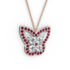 Kelebek Kolye - Garnet ve swarovski 8 ayar beyaz altın kolye (40 cm rose altın rolo zincir) #12v8gvm
