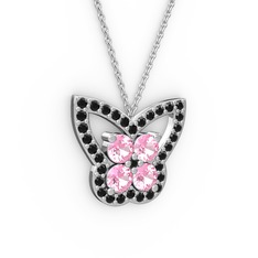 Kelebek Kolye - Siyah zirkon ve pembe kuvars 18 ayar beyaz altın kolye (40 cm beyaz altın rolo zincir) #12vgykt