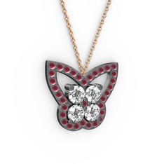 Kelebek Kolye - Kök yakut ve swarovski 925 ayar siyah rodyum kaplama gümüş kolye (40 cm gümüş rolo zincir) #12x7e60