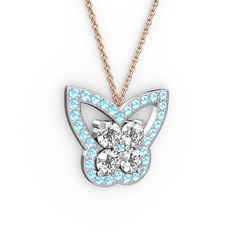 Akuamarin ve swarovski 18 ayar beyaz altın kolye (40 cm rose altın rolo zincir)