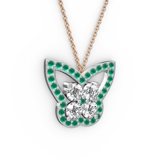 Kelebek Kolye - Kök zümrüt ve pırlanta 8 ayar beyaz altın kolye (0.96 karat, 40 cm rose altın rolo zincir) #13dspsz