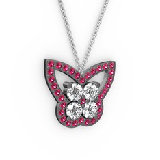 Kelebek Kolye - Rodolit garnet ve swarovski 925 ayar siyah rodyum kaplama gümüş kolye (40 cm beyaz altın rolo zincir) #13i4jkx