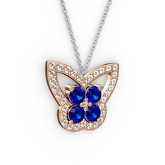 Kelebek Kolye - Pırlanta ve lab safir 18 ayar rose altın kolye (0.48 karat, 40 cm beyaz altın rolo zincir) #142p4lq