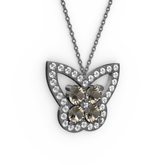 Kelebek Kolye - Swarovski ve dumanlı kuvars 925 ayar siyah rodyum kaplama gümüş kolye (40 cm gümüş rolo zincir) #143ei8c