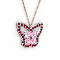 Kelebek Kolye - Garnet ve pembe kuvars 14 ayar beyaz altın kolye (40 cm gümüş rolo zincir) #14k8q8k