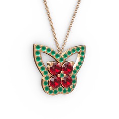 Kelebek Kolye - Kök zümrüt ve garnet 14 ayar rose altın kolye (40 cm rose altın rolo zincir) #14mwq81