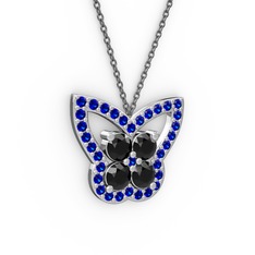 Lab safir ve siyah zirkon 18 ayar beyaz altın kolye (40 cm gümüş rolo zincir)