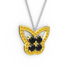 Kelebek Kolye - Sitrin ve siyah zirkon 14 ayar altın kolye (40 cm beyaz altın rolo zincir) #14zqsas
