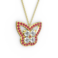 Kelebek Kolye - Rodolit garnet ve beyaz zirkon 18 ayar altın kolye (40 cm gümüş rolo zincir) #1507w16