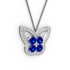 Swarovski ve lab safir 18 ayar beyaz altın kolye (40 cm gümüş rolo zincir)
