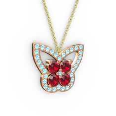 Kelebek Kolye - Akuamarin ve garnet 14 ayar rose altın kolye (40 cm altın rolo zincir) #157cem6