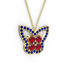 Kelebek Kolye - Lab safir ve garnet 18 ayar altın kolye (40 cm altın rolo zincir) #15dx6cr