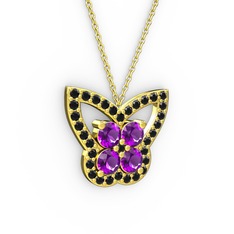 Kelebek Kolye - Siyah zirkon ve ametist 8 ayar altın kolye (40 cm altın rolo zincir) #15oinyr