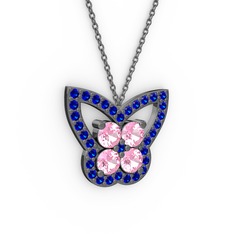 Lab safir ve pembe kuvars 925 ayar siyah rodyum kaplama gümüş kolye (40 cm gümüş rolo zincir)