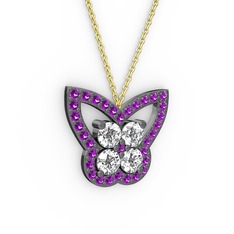 Kelebek Kolye - Ametist ve pırlanta 925 ayar siyah rodyum kaplama gümüş kolye (0.96 karat, 40 cm altın rolo zincir) #168gop5