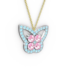 Akuamarin ve pembe kuvars 18 ayar beyaz altın kolye (40 cm altın rolo zincir)