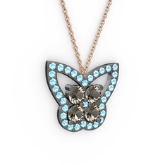 Kelebek Kolye - Akuamarin ve dumanlı kuvars 925 ayar siyah rodyum kaplama gümüş kolye (40 cm rose altın rolo zincir) #170xgwg